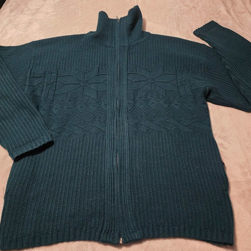 Vintage Sweater House Mens Large Forest Green Full Zip Ribbed Snowflake Cardigan